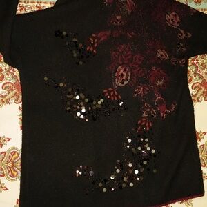 Chico's Black Sweater with Burgundy Sequin Floral Accents